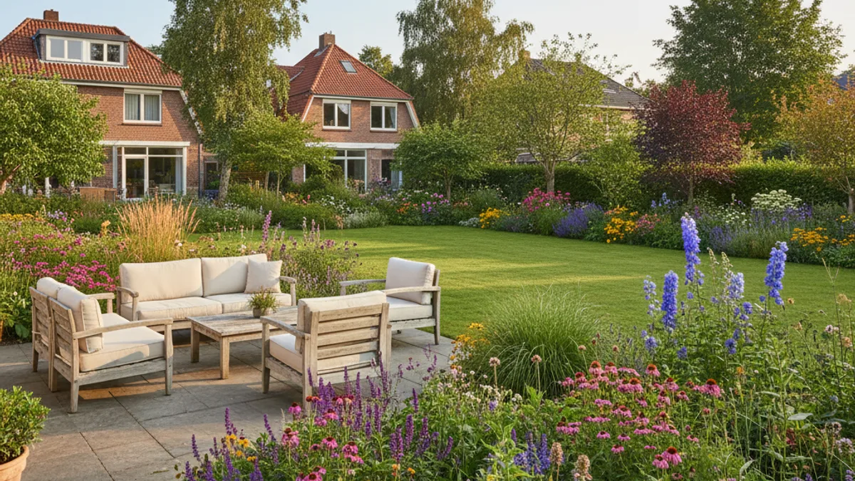 Visualisierung eines sonnigen Privatgartens mit Naturstein-Terrasse, Loungebereich und Staudenbeeten – KI-Illustration