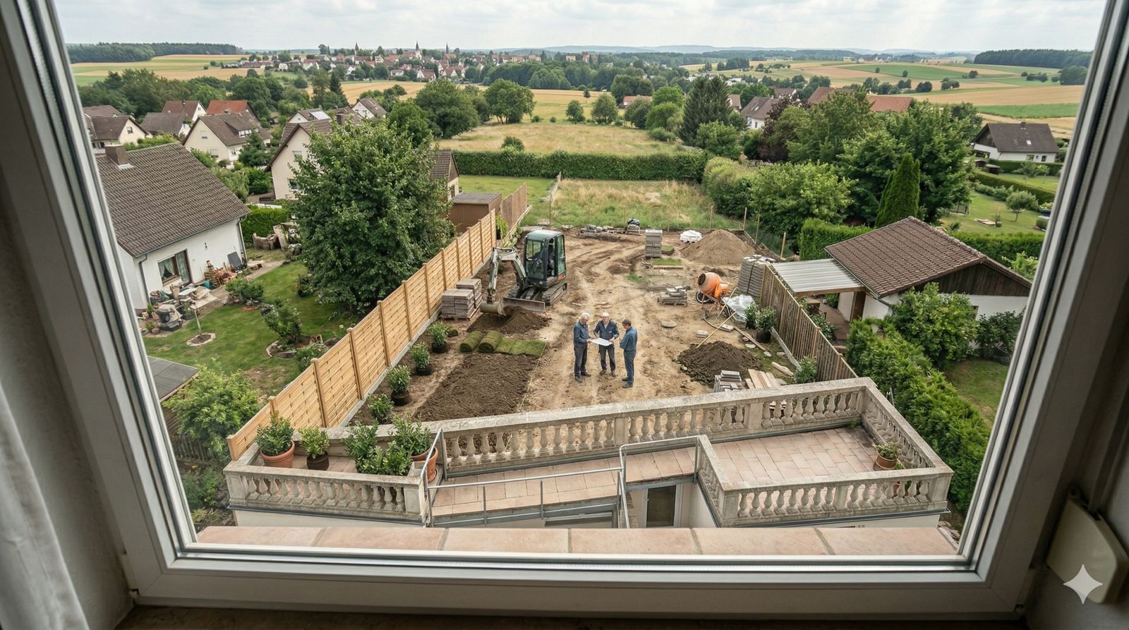 Bauleitung: Gartenbaustelle mit Bagger und Planungsgespräch